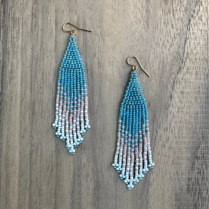 Kokopelly Boho Native American Southwest Beaded Fringe Earrings with Turquoise Czech Seed Beads / KPE B223-M134