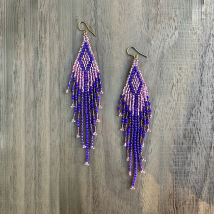 Kokopelly Boho Native American Southwest Beaded Fringe Earrings with Fuchsia Czech Seed Beads / KPE B216-M72
