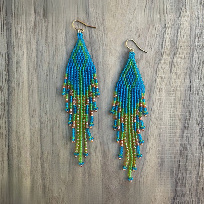 Kokopelly Boho Native American Southwest Beaded Fringe Earrings with Turquoise Czech Seed Beads / KPE B216-M53