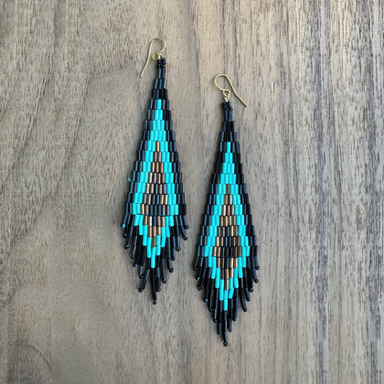 Kokopelly Boho Native American Southwest Beaded Fringe Earrings with Turquoise Czech Seed and Bugle Beads / KPE B163-48