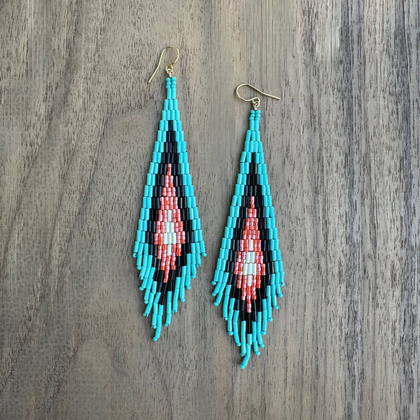 Kokopelly Boho Native American Southwest Beaded Fringe Earrings with Turquoise Czech Bugle and Seed Beads / KPE B163-96