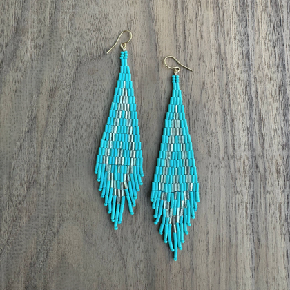Kokopelly Boho Native American Southwest Beaded Fringe Earrings with Turquoise Czech Bugle and Seed Beads / KPE B163-92