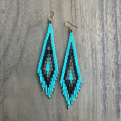 Kokopelly Boho Native American Southwest Beaded Fringe Earrings with Turquoise Czech Bugle and Seed Beads / KPE B163-89