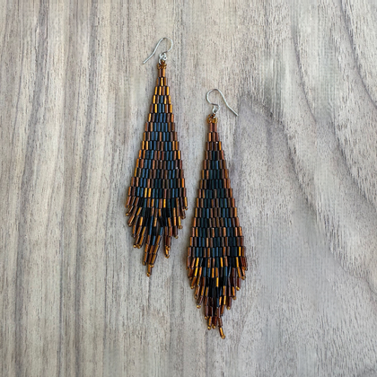 Kokopelly Boho Native American Southwest Beaded Fringe Earrings with Brown Czech Bugle and Seed Beads / KPE B163-65