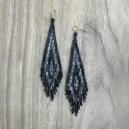 Kokopelly Boho Native American Southwest Beaded Fringe Earrings with Black Czech Bugle and Seed Beads / KPE B163-45