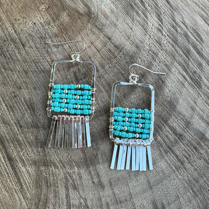 Golden Age Hammered Silver-Plated Single Rectangle Geometric Fringe Earrings with Turquoise Czech Seed Beads / GAE S B269-1