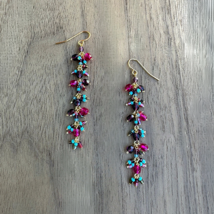 Gold-Plated Single Drop Earrings with Fuchsia Czech Crystal Beads / CAE G B5-M88