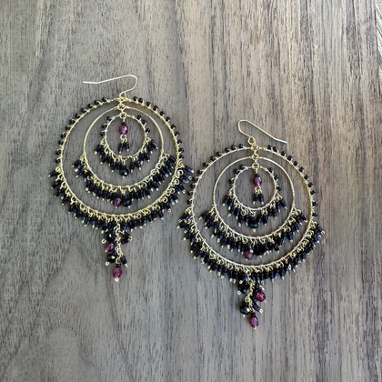 Chandelier Gold-Plated Triple Hoop Earrings with Black Czech Crystal Beads / CAE G B40-M30