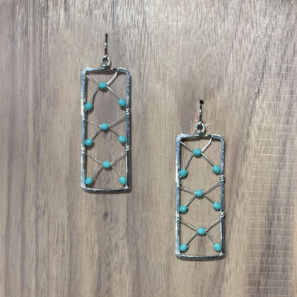 Hammered Silver Plated Bohemian Rectangular Wire Wrapped Beaded Turquoise Bead Earrings, Handmade / GAE S B197-1