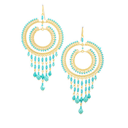 Handmade Bohemian Beaded Gold Plated Turquoise Chandelier Earrings / CLE G B88-1