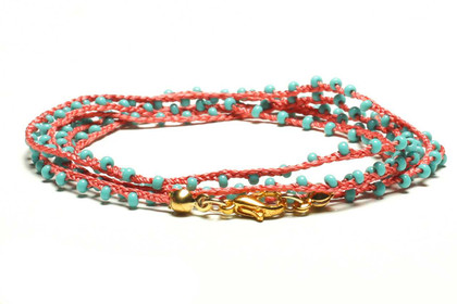 Dainty Boho Crochet Czech Seed Bead Silk Thread Necklace / Wrap Bracelet in Coral Turquoise / GG102-120