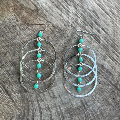 Golden Age Hammered Silver-Plated Triple Hoop Earrings with Turquoise Czech Beads / GAE S B125-1