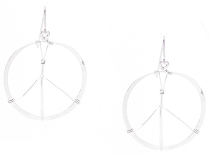 Hammered Geometric Minimalist Silver Wire Wrapped Peace Sign Earrings, Handmade / GAE S B6-2 Hammered Geometric Minimalist Silver Wire Wrapped Peace Sign Earrings, Handmade / GAE S B6-2
