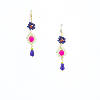 Hawaiian Flower Colorful Czech Crystal Wire-wrapped Gold-Plated Earrings / HFE G B57-M1