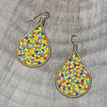Handmade beading Czech Seed Beads and bugle beads Gold Teardrop Bohemian Earrings / RQE G B14-MR1 Handmade beading Czech Seed Beads and bugle beads Gold Teardrop Bohemian Earrings / RQE G B14-MR1