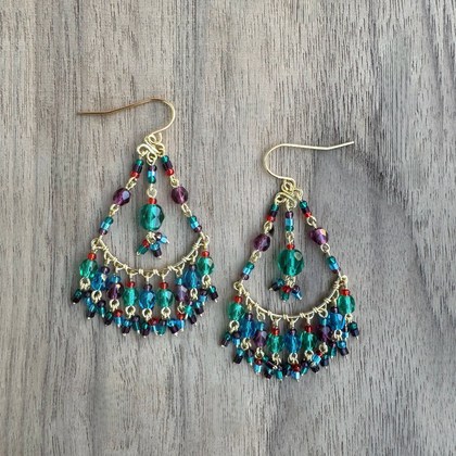 Chandelier Gold-Plated Earrings with Multi-Color Czech Crystal Beads and Seed Beads / CAE G B25-M14