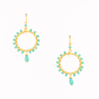 Hammered  Boho, Bohemian, Gold, Beaded, Wire Wrapped Gypsy Boho Earrings, Handmade / GAE G B335-1