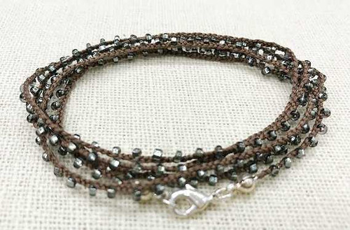 Dainty Boho Crochet Czech Seed Bead Silk Thread Necklace / Wrap Bracelet in Brown / GS102-83