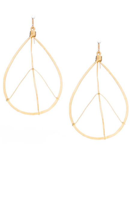 (Medium) Hammered Bohemian, Geometric Minimalist Gold Plated Teardrop Peace Sign Earrings, Handmade / GAE G B10-3