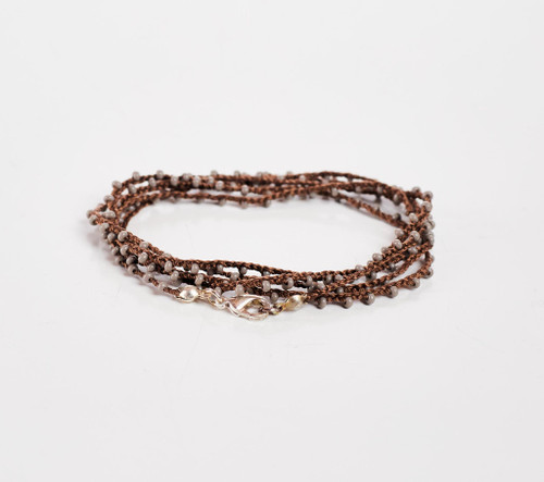 Dainty Boho Crochet Czech Seed Bead Silk Thread Necklace / Wrap Bracelet in Brown / GS102-78