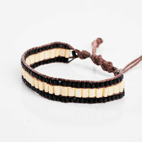 Handmade Czech Glass Beads Handwoven Southwest Boho Chic Wrap Bracelet in Ivory and Black / KPB B48-2H