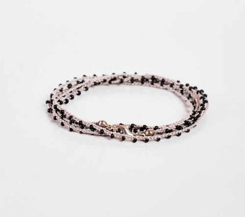 Dainty Boho Crochet Czech Seed Bead Silk Thread Necklace / Wrap Bracelet in Greige Black / GS102-2