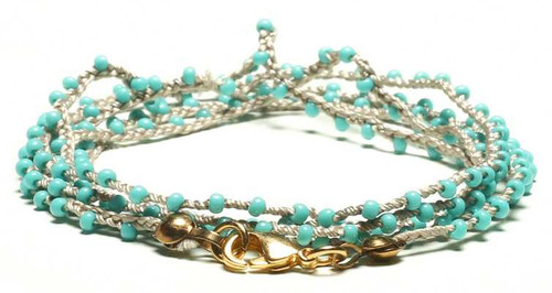 Dainty Boho Crochet Czech Seed Bead Silk Thread Necklace / Wrap Bracelet in Turquoise Grey / GG102-6