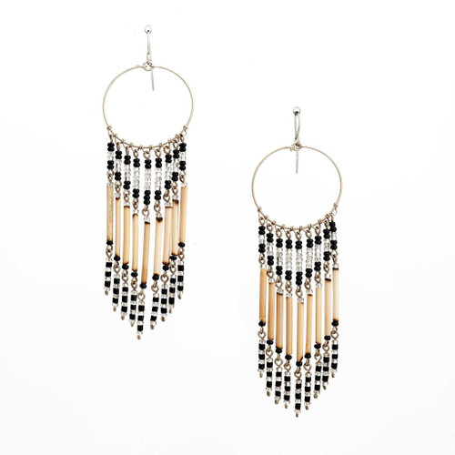 Handmade Beaded Boho Tribal Wire Wrap Czech Glass Seed Beads Bamboo Earrings / LME B5-9