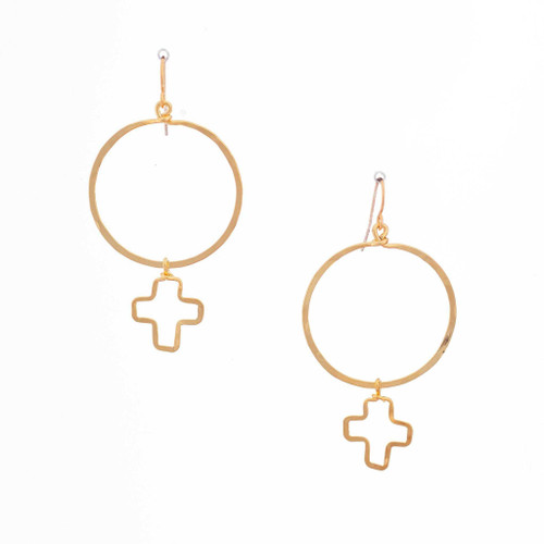 Hammered Gold Plated Minimalist Cross Earrings / GAE G B722-1