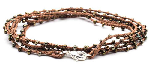 Dainty Boho Crochet Czech Seed Bead Silk Thread Necklace / Wrap Bracelet in Brown / GS102-73