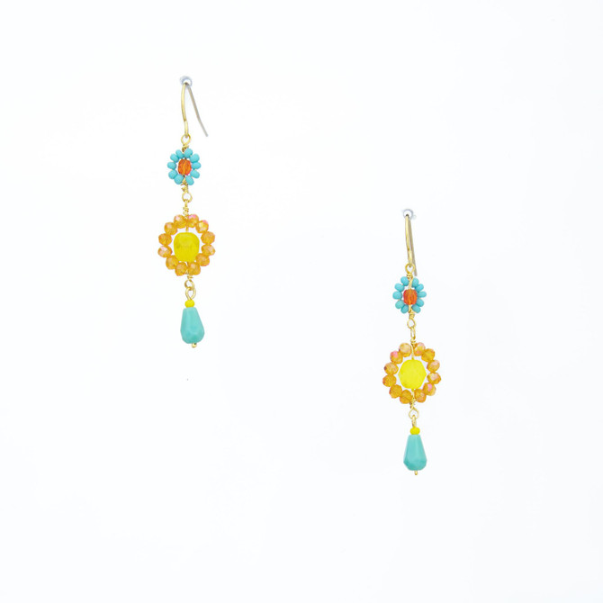 Hawaiian Flower Colorful Czech Crystal Wire-wrapped Gold-Plated Earrings / HFE G B57-M5
