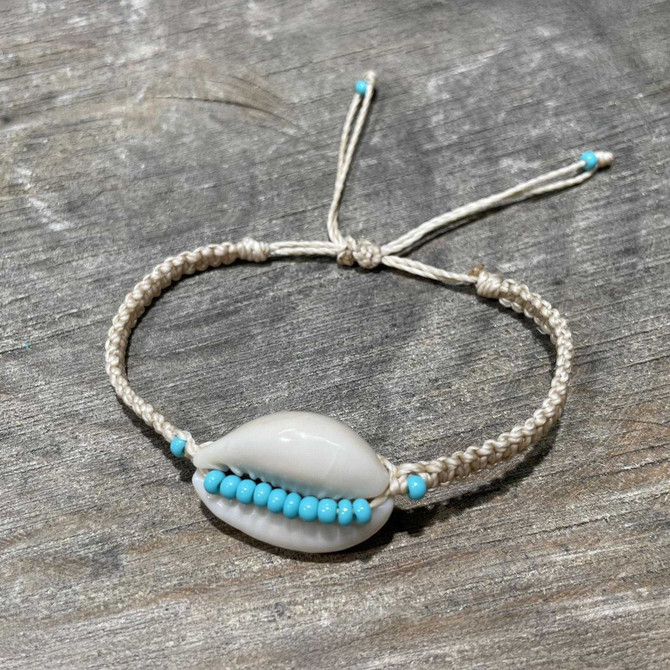 Beaded Macrame Cowrie Shell Bracelet, Handcrafted/ PSB B4-1