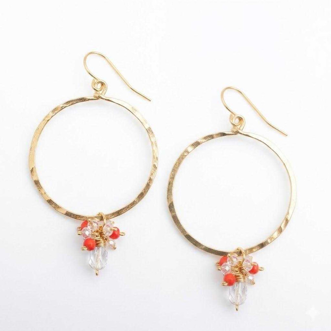 Hammered Gold-Plated Single Hoop Coral Multi-colored Earrings / GAE G B464-M185