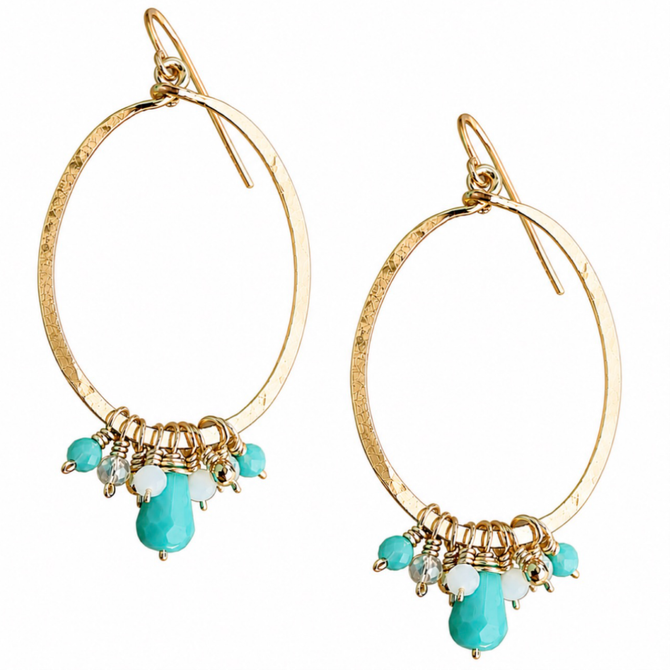 Hammered Gold-Plated Single Oval Hoop Turquoise Multi-Colored Dangle Earrings / GAE G B499-M212