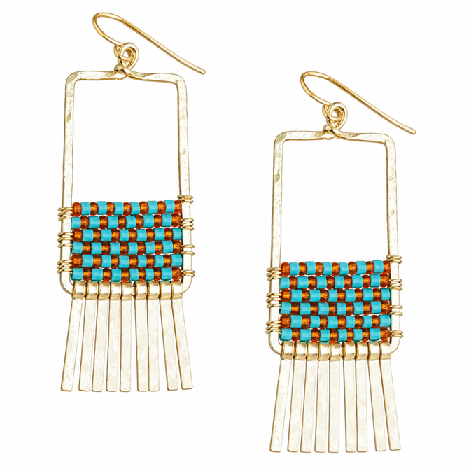 Gold-Plated Rectangle Earrings with Turquoise and Orange Beading and Fringe / GAE G B269-D139