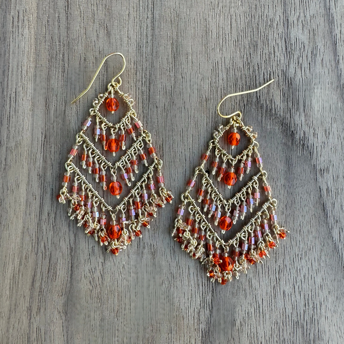 Chandelier Gold-Plated Earrings with Multi-Red Czech Crystal Beads / CAE G B23 - M142