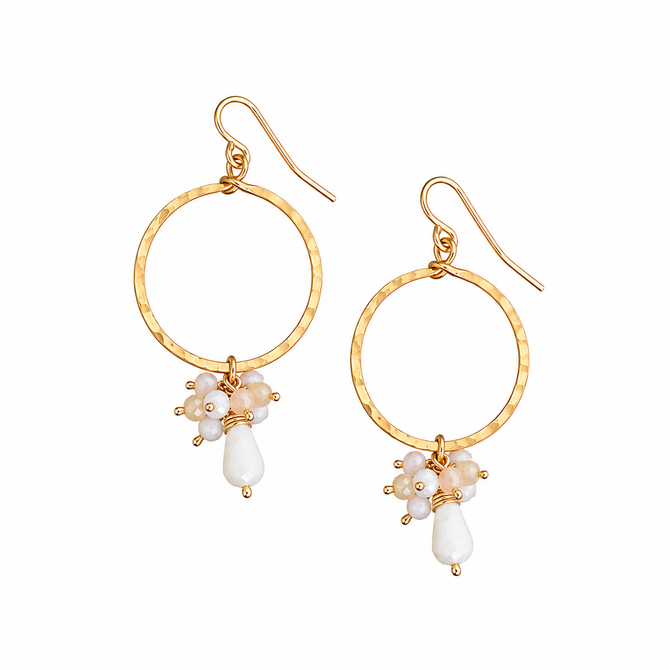 Golden Age Hammered Gold-Platted Single Hoop with Dangly White Czech Crystal Teardrop Cluster