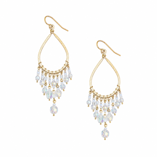 Golden Age Hammered Gold-Plated Single Teardrop Chandelier Earrings with Clear Czech Crystals