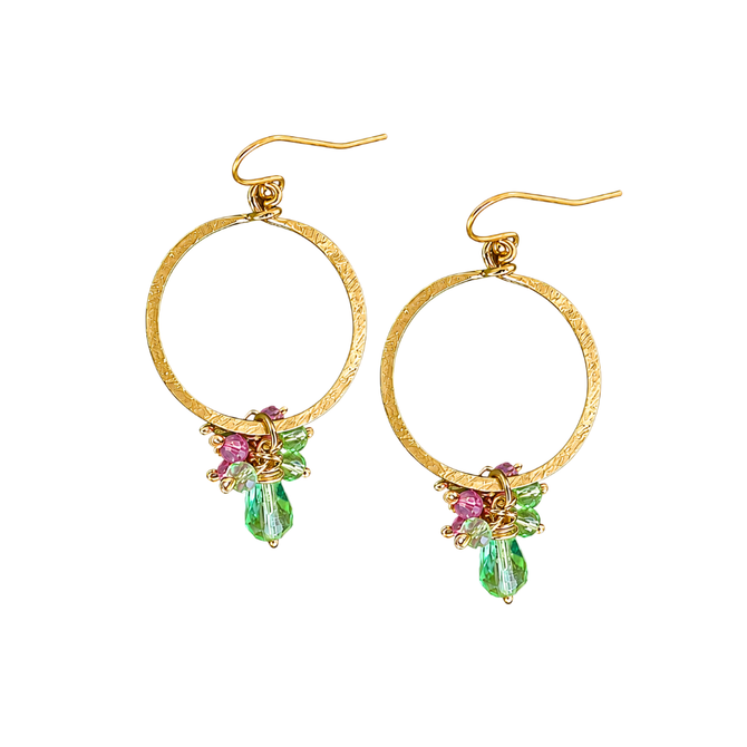 Golden Age Hammered Gold-Plated Single Hoop Earrings with Dangly Green Czech Crystal Teardrop Cluster / GAE G B330-M187