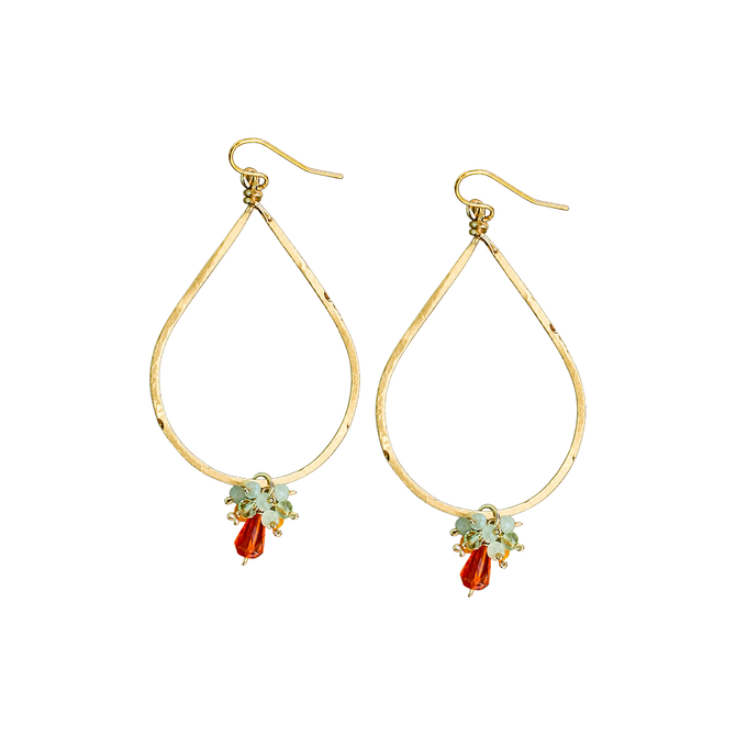 Golden Age Hammered Gold-Plated Single Teardrop Earrings with Red Czech Teardrop Crystal and Green Orange Multi-color Crystal Beads / GAE G B467-M208