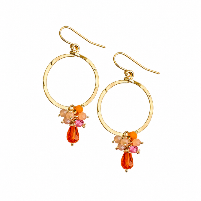 Golden Age Hammered Gold-Plated Single Hoop Earrings with Dangly Orange Czech Crystal Teardrop Cluster / GAE G B330-M186