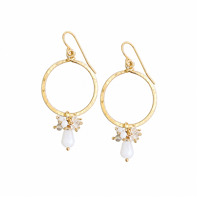 Golden Age Hammered Gold-Plated Single Hoop Earrings with Dangly White Czech Crystal Teardrop Cluster / GAE G B330-D18