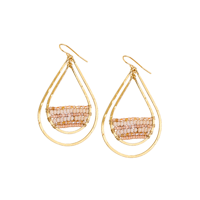 Golden Age Hammered Gold-Plated Double Teardrop Earrings with Coral Czech Crystal Beads / GAE G B52 - M207