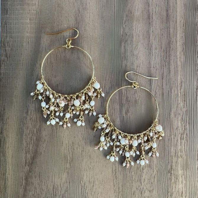 Chandelier Gold-Plated Single Hoop Earrings with Neutral Czech Crystal Beads / CAE G B29 - M149