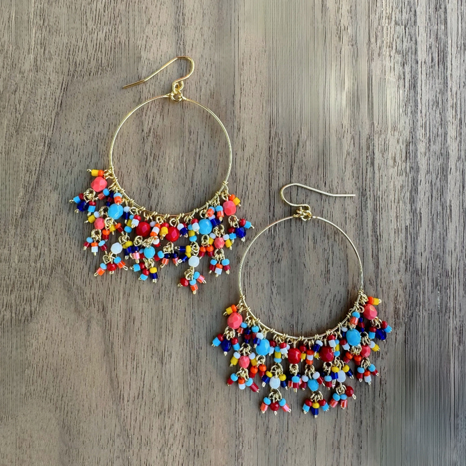 Chandelier Gold-Plated Single Hoop Earrings with Multi-Color Czech Crystal Beads / CAE G B29 - M21