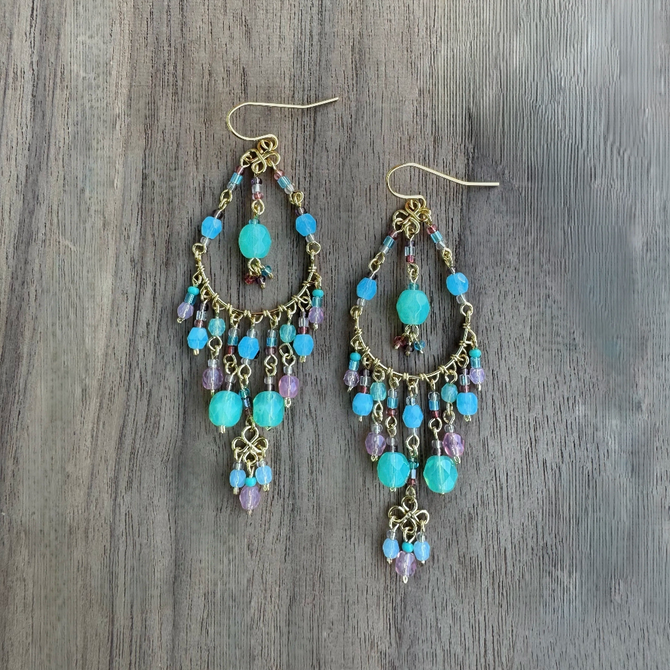 Chandelier Gold-Plated Earrings with Multi-Turquoise Czech Crystal Beads and Seed Beads / CAE G B9 - M12