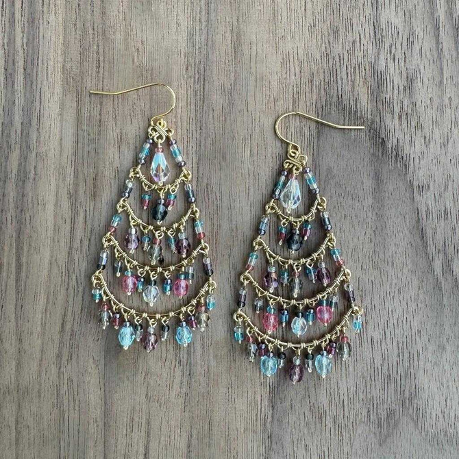 Chandelier Gold-Plated Earrings with Multi-Color Czech Crystal Beads and Seed Beads / CAE G B8 - M15