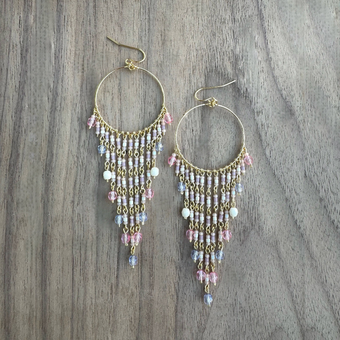Chandelier Gold-Plated Single Hoop Earrings with Pastel Multi-Fuchsia Czech Crystal Beads / CAE G B32 - M140