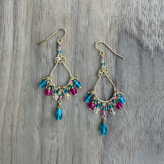 Chandelier Gold-Plated Teardrop Shaped Earrings with Multi-Blue Czech Crystal Beads / CAE G B105 - M92