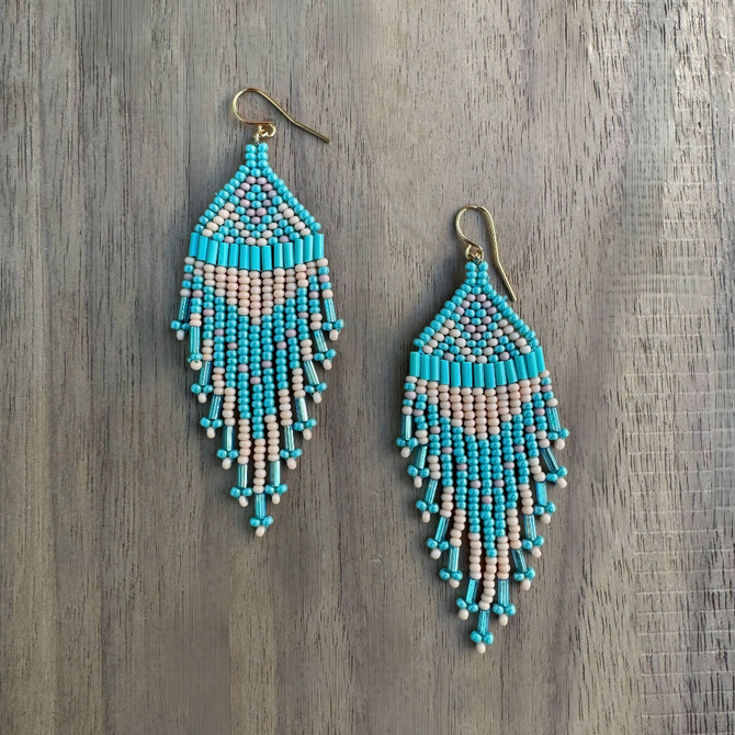 Kokopelli Boho Native American Southwest Beaded Fringe Earrings with Multi-Turquoise Czech Bugle and SeedBeads / KPE B225 - M133